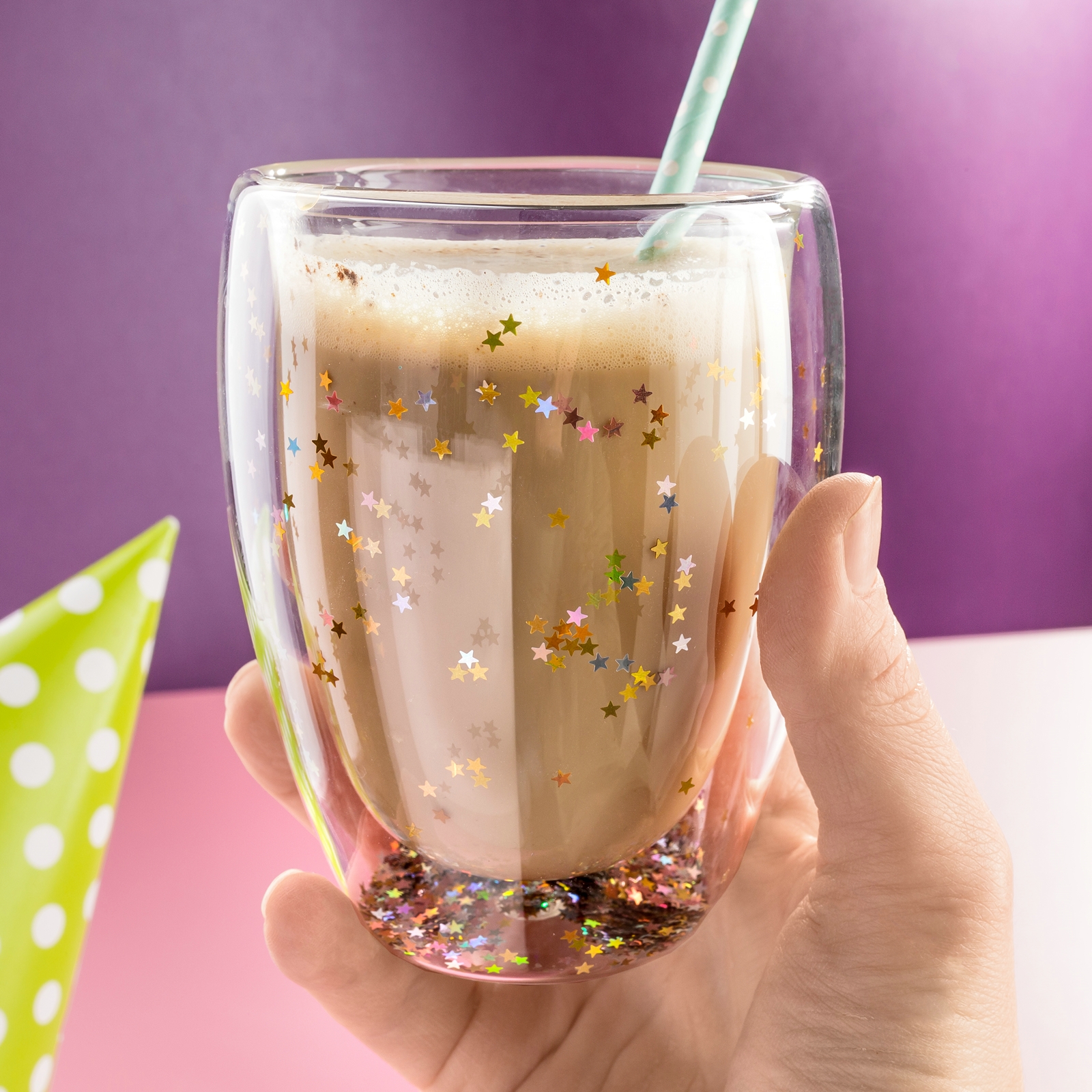 Dvoustěnná Glitrová sklenice 360ml.