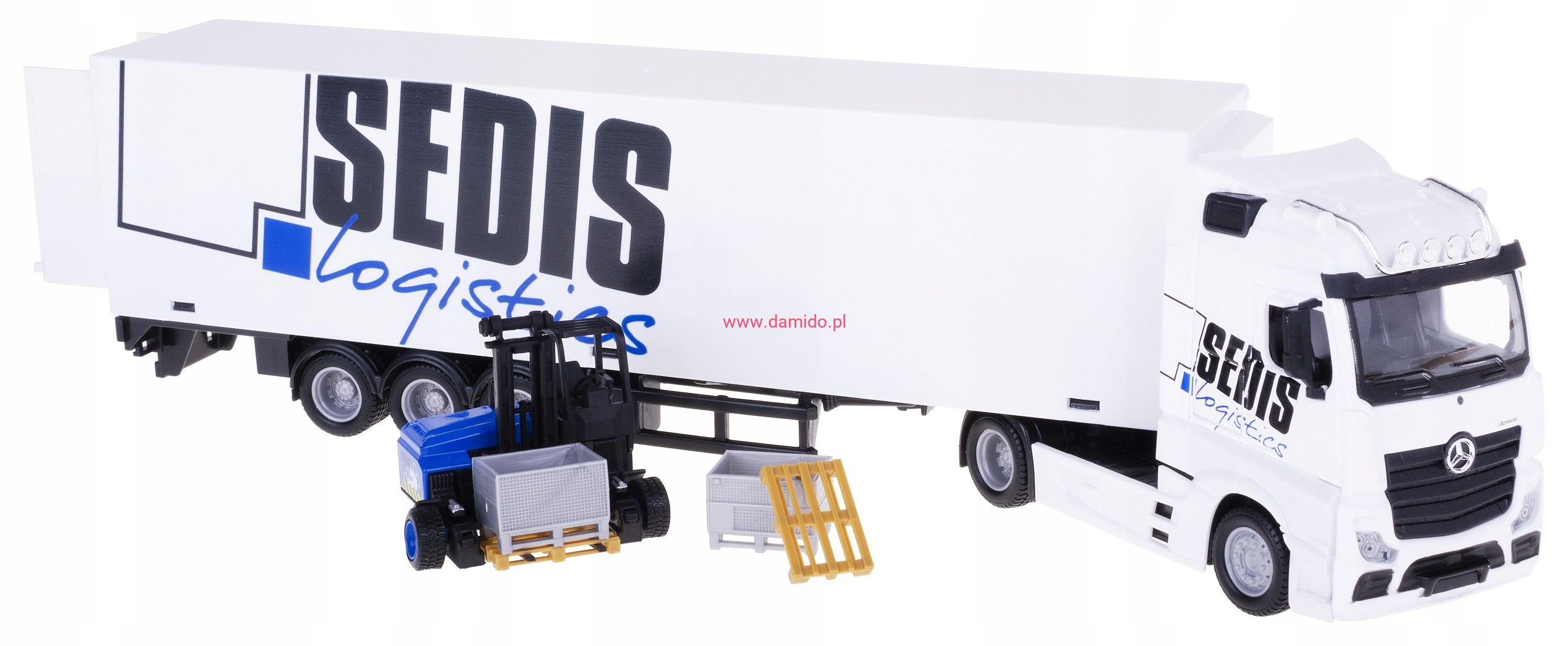 Bburago Mercedes Benz Actros SEDIS Logistics s vysokozdvižným vozíkem 1:43