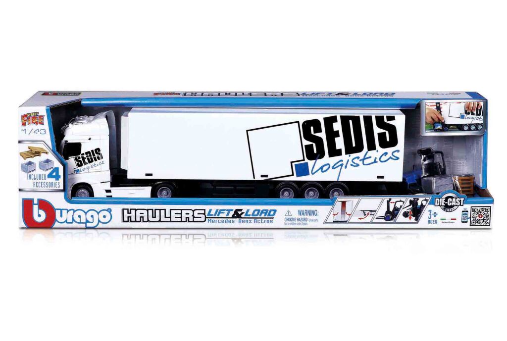 Bburago Mercedes Benz Actros SEDIS Logistics s vysokozdvižným vozíkem 1:43