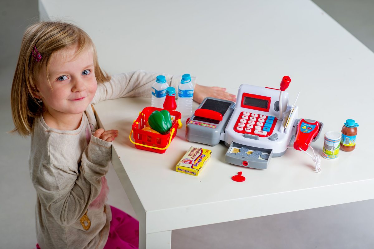 Teddies Dětská digitální pokladna s doplňky na baterie se zvukem a světlem