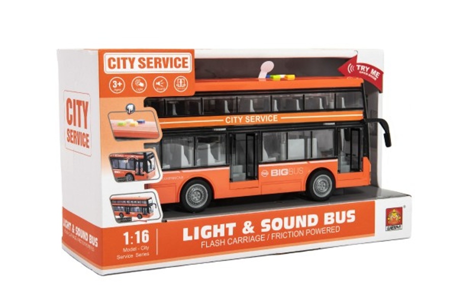 Autobus patrový oranžový na setrvačník se světlem a zvukem, plast, 28cm