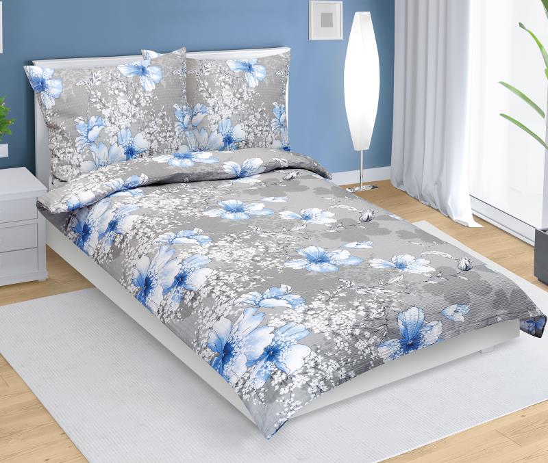 Bellatex Povlečení krepové, Modrý ibišek na šedé - 140x200, 70x90 cm