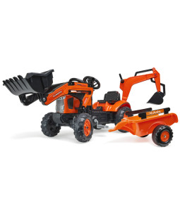 FALK Šlapací oranžový traktor s vlečkou, přední a zadní lžící
