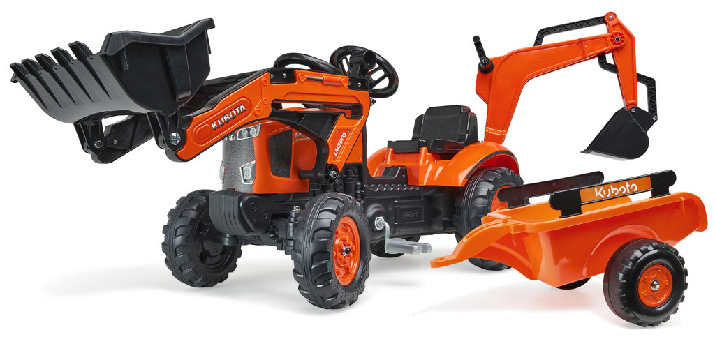 FALK Šlapací traktor Kubota M7171 s vlečkou, přední a zadní lžící