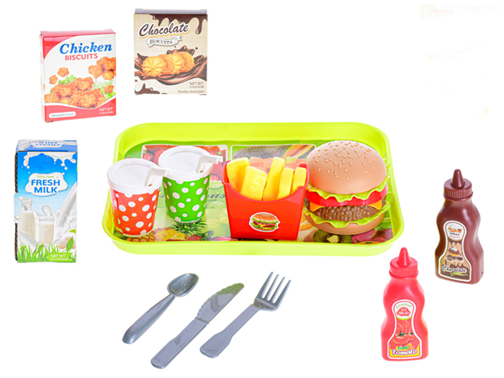 Set rychlého občerstvení s podnosem, hamburger a hranolky, 26x19cm, 26ks