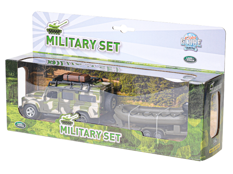 Kids Globe Land Rover s přívěsem a lodí v krabičce, 27cm