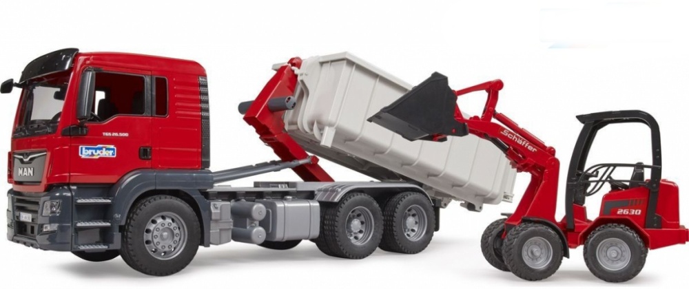 Bruder 3767 Nákladní auto MAN TGS s kontejnerem a Schäffer Hoflader 2630