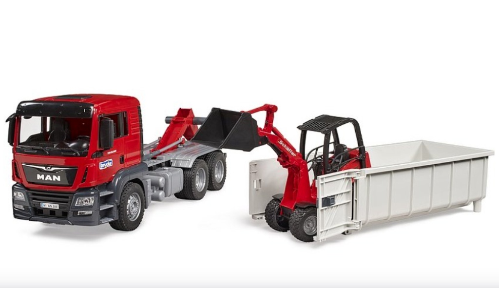 Bruder 3767 Nákladní auto MAN TGS s kontejnerem a Schäffer Hoflader 2630