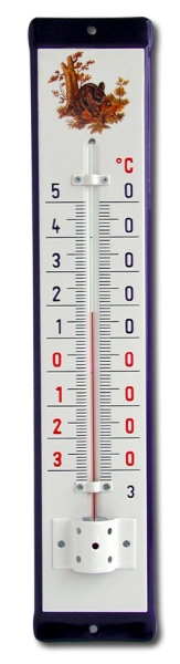 Venkovní teploměr smaltovaný, Modrobílý 500 x 95 mm, Motiv Troubící jelen