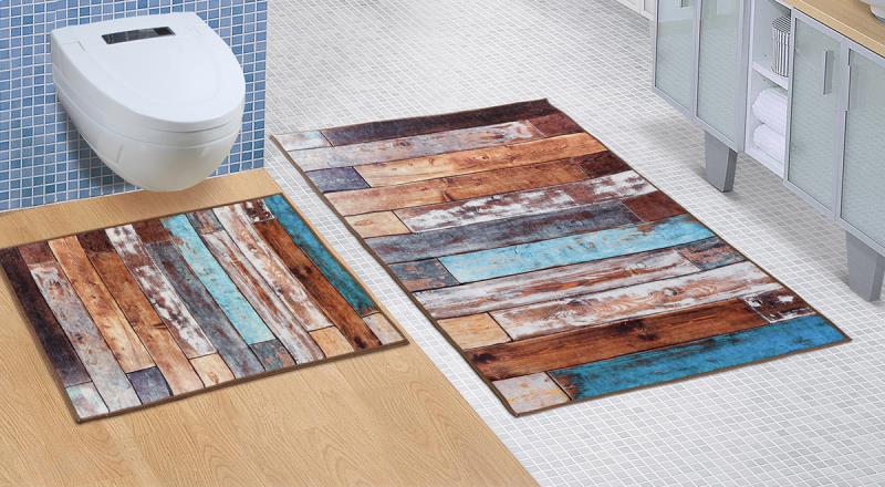 Bellatex koupelnová předložka 3D tisk, sada bez výkroje, Dřevěná podlaha - 60x100, 60x50cm