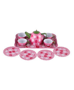 Dětská čajová sada růžová s květy, 14ks plech, 25x17x11 cm
