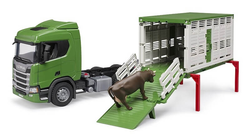 Bruder 3548 Přepravník zvířat Scania Super 560R s figurkou krávy