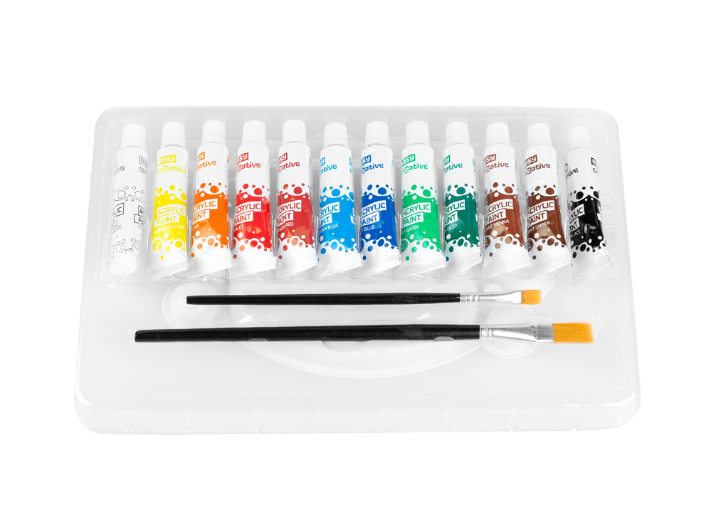 Easy Akrylové barvy 12ml, set 12 barev, 2 štětce a paleta