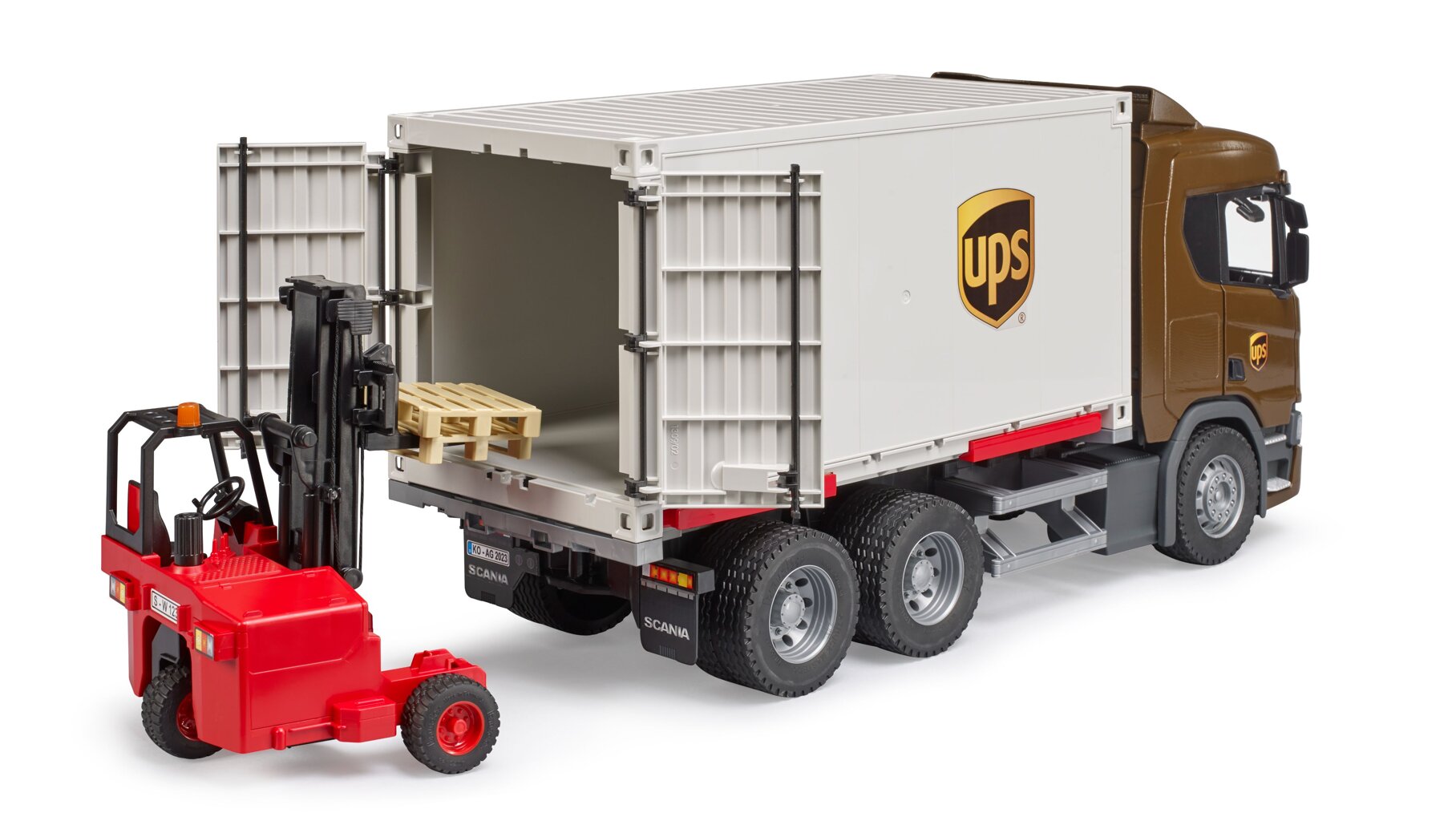 Bruder 3582 Logistická Scania UPS s vysokozdvižným vozíkem
