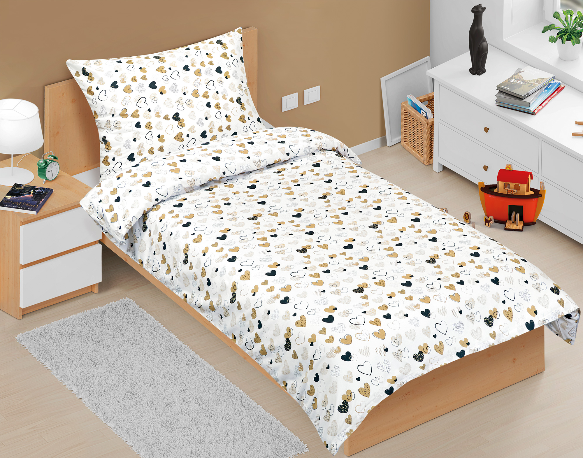 Bellatex Povlečení bavlna Junior, Srdce hořčicové - 140x200, 70x90cm