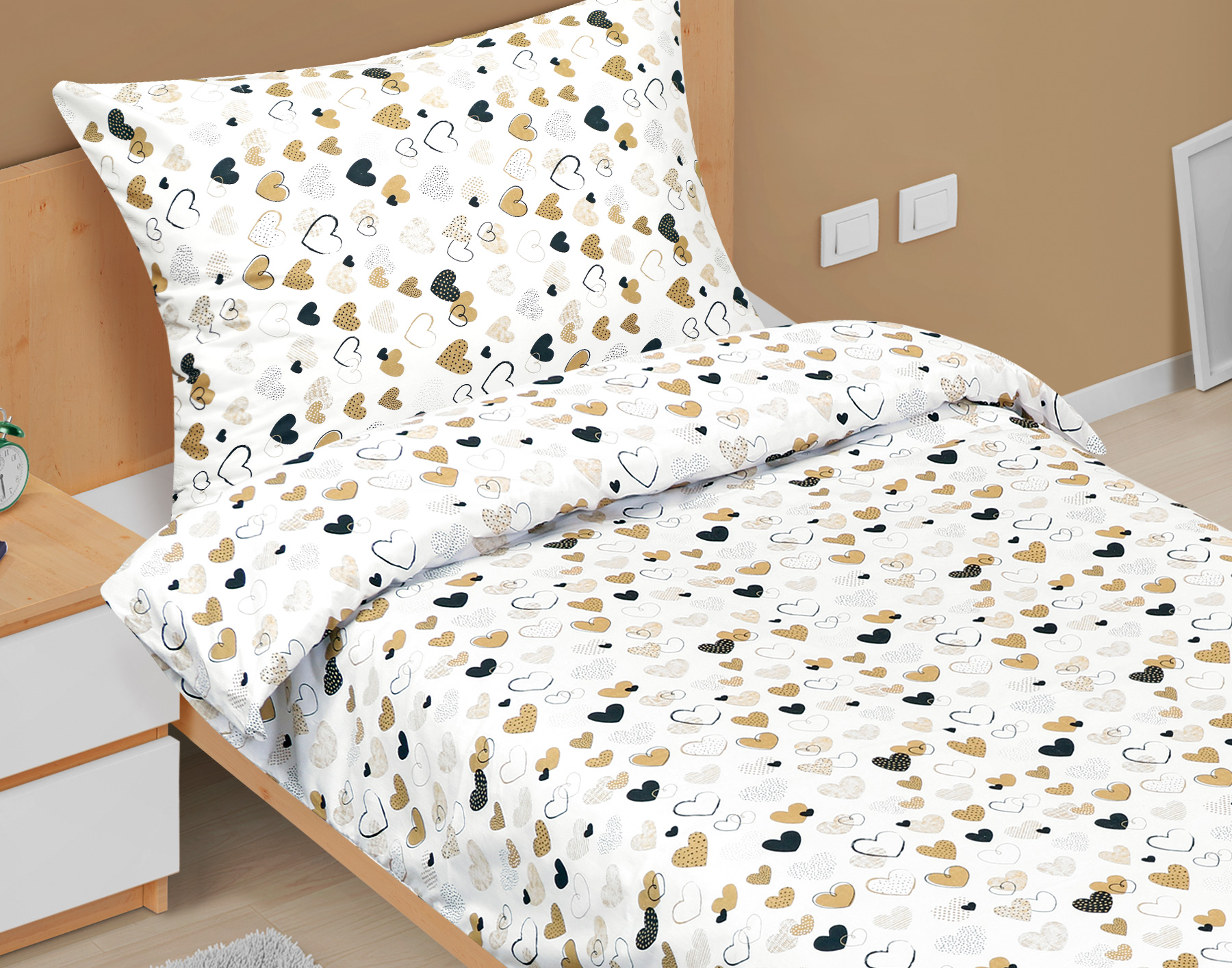 Bellatex Povlečení bavlna Junior, Srdce hořčicové - 140x200, 70x90cm