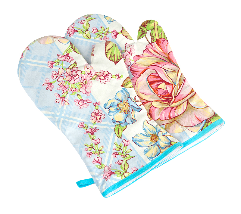 Bellatex Grilovací rukavice 2ks, Růže světlá modrá, růžová - 20x36 cm