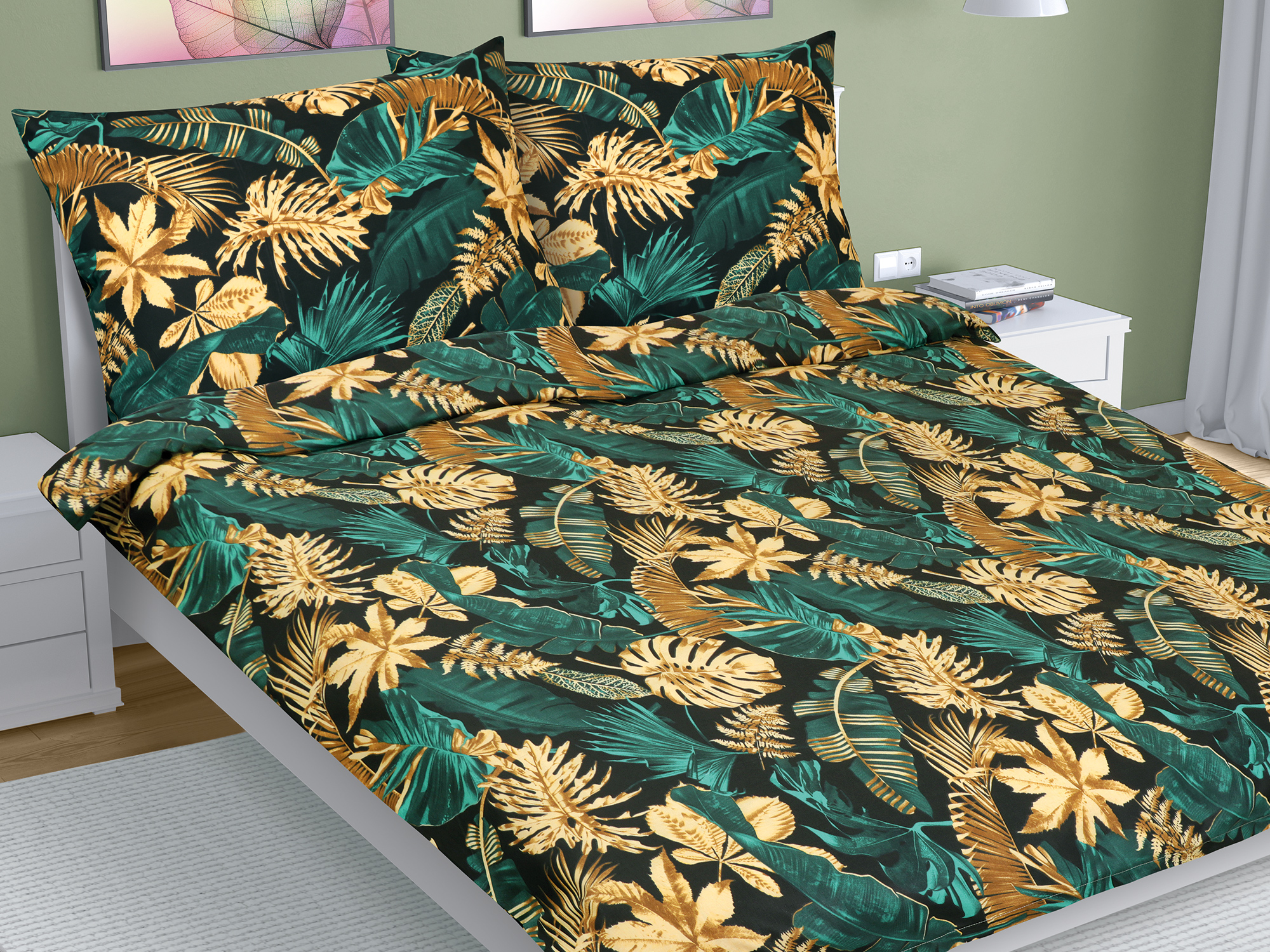 Bellatex Povlečení bavlna, Monstera zelená - 200x220, 2ks 70x90 cm