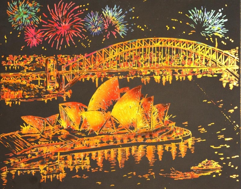 ArtLover škrabací obrázek zlatý - Noční výhled Sydney, 25x20 cm