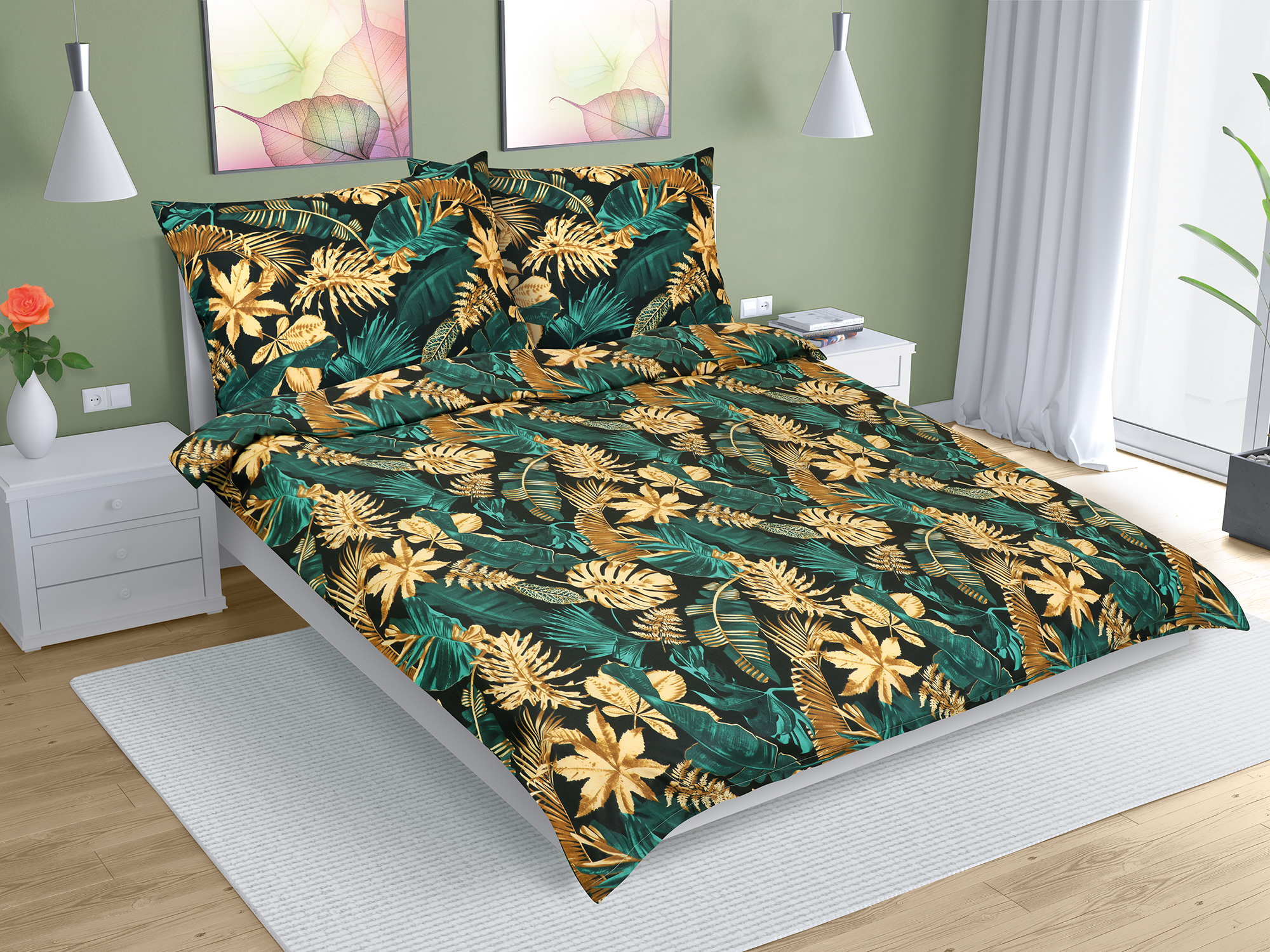 Bellatex Povlečení bavlna, Monstera zelená - 140x200, 70x90 cm