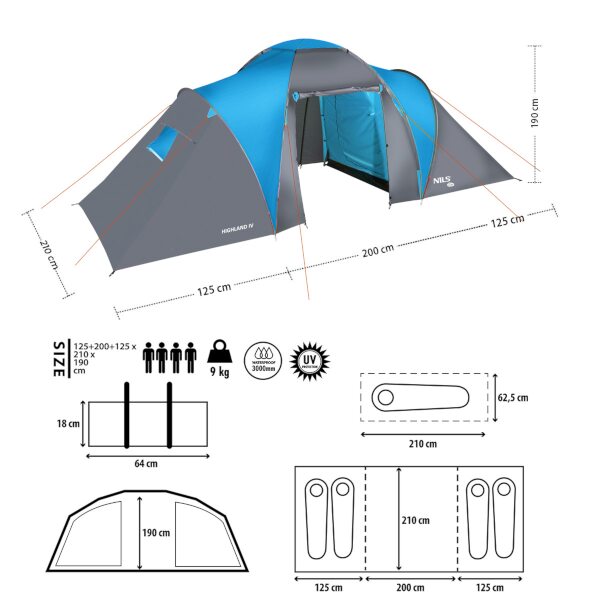 NILS Camp NC6431 Highland IV Rodinný stan, 4 osoby, modro-šedý