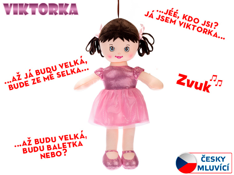 Hadrová panenka Viktorka bruneta, na baterie česky mluvící, 32cm