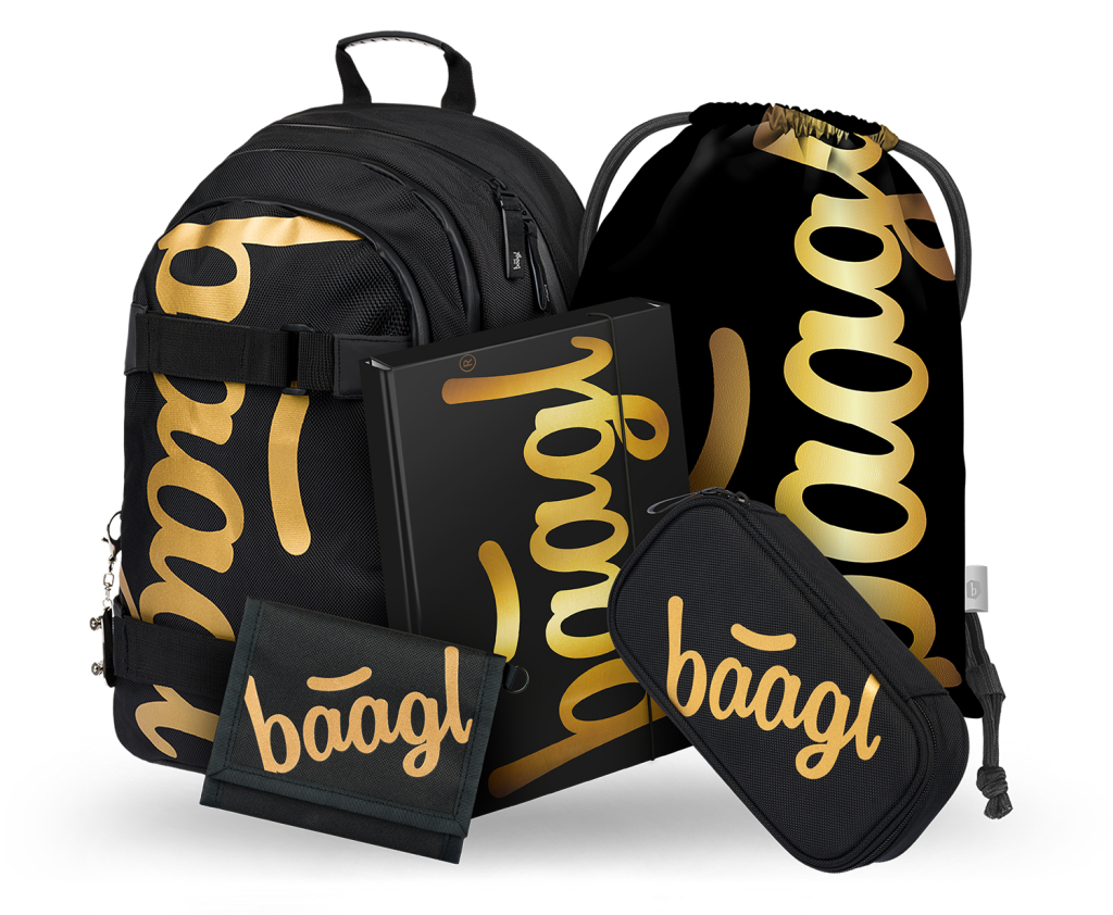 Školní batoh Skate Gold Baagl v setu, penál, sáček, desky, peněženka
