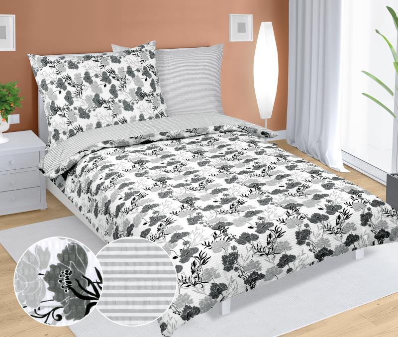 Bellatex Povlečení krepové šedý květ a šedý proužek, 140x200,70x90 cm