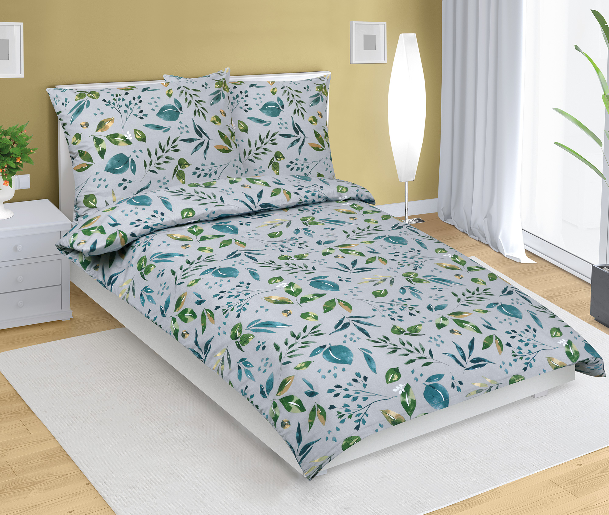 Bellatex Povlečení bavlna, Lupínek zelená, khaki, šedá - 140x200, 70x90 cm