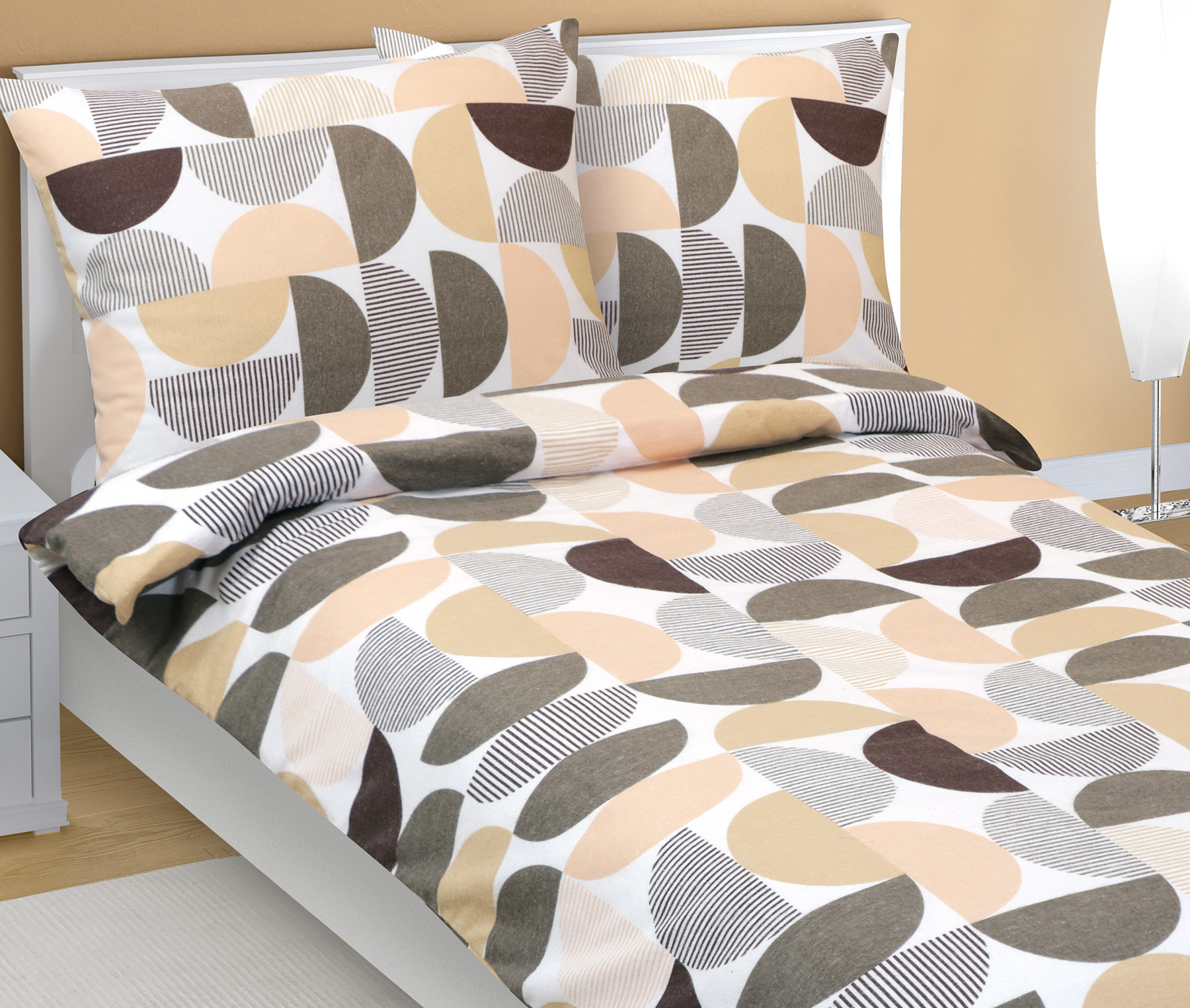 Bellatex Povlečení flanel, Půlkruh hnědá, losos - 140x200, 70x90 cm