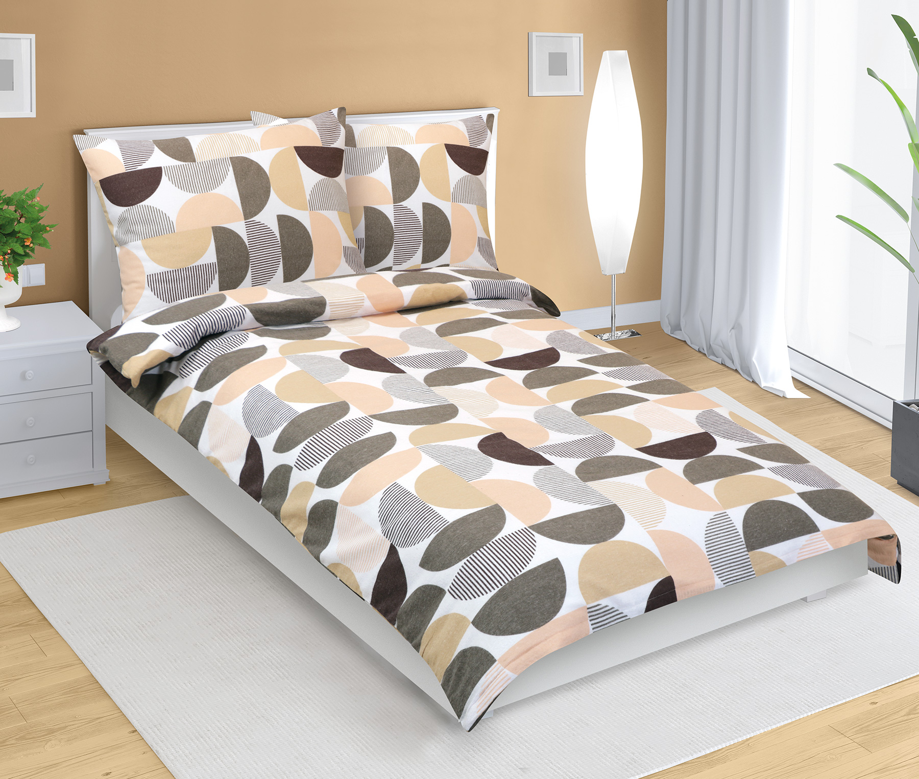 Bellatex Povlečení flanel, Půlkruh hnědá, losos - 140x200, 70x90 cm