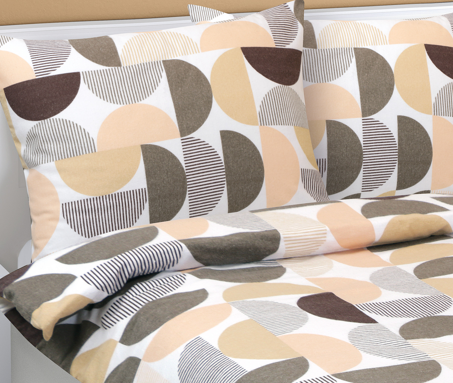 Bellatex Povlečení flanel, Půlkruh hnědá, losos - 140x200, 70x90 cm