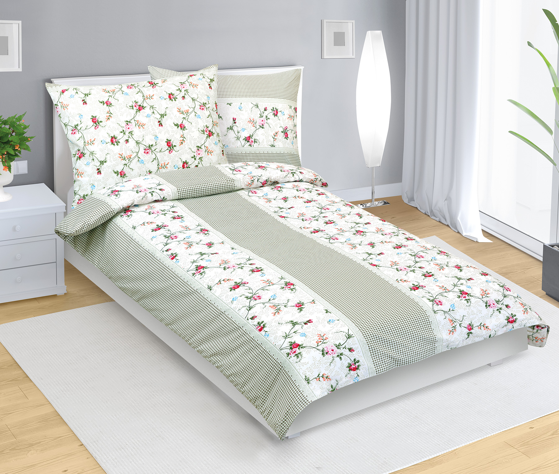 Bellatex Povlečení bavlna, Růže, kostička zelená - 140x220, 70x90cm