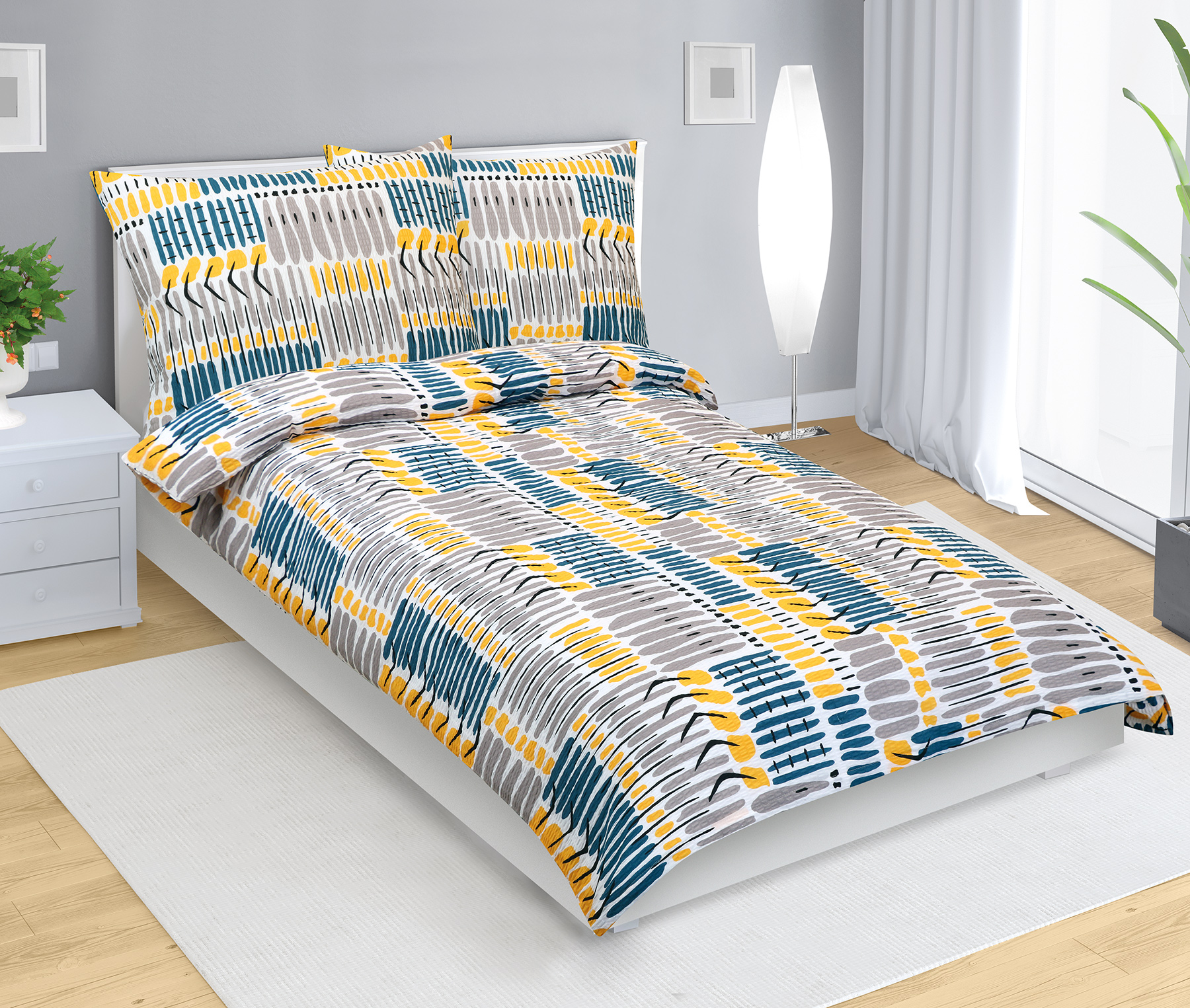 Bellatex Povlečení krep, Čárky modrá, žlutá - 140x200, 70x90 cm