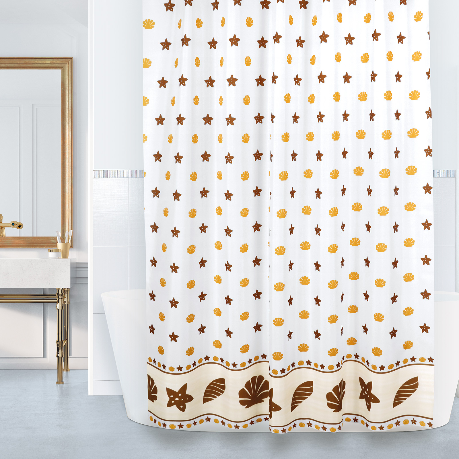 Bellatex Koupelnové závěsy - Mušle hnědá, oranžová - 180x200 cm