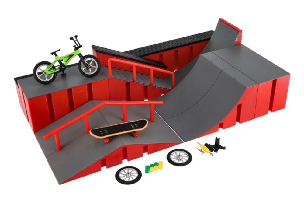 Skatepark, Prstové kolo, skateboard s rampou a doplňky 43x25x12 cm