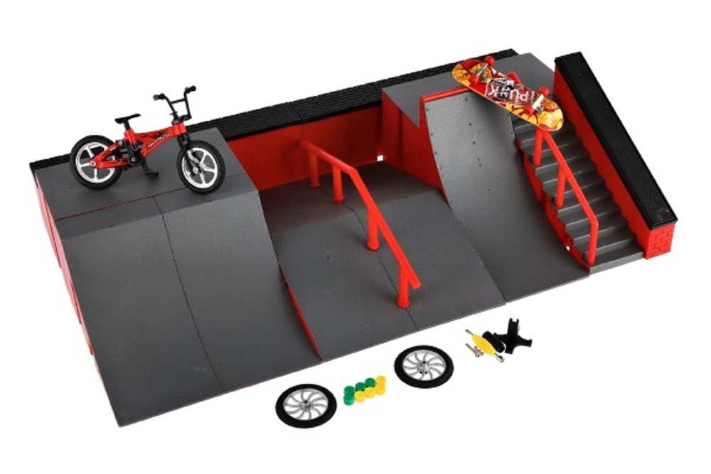 Skatepark, Prstové kolo, skateboard s rampou a doplňky 43x25x12 cm