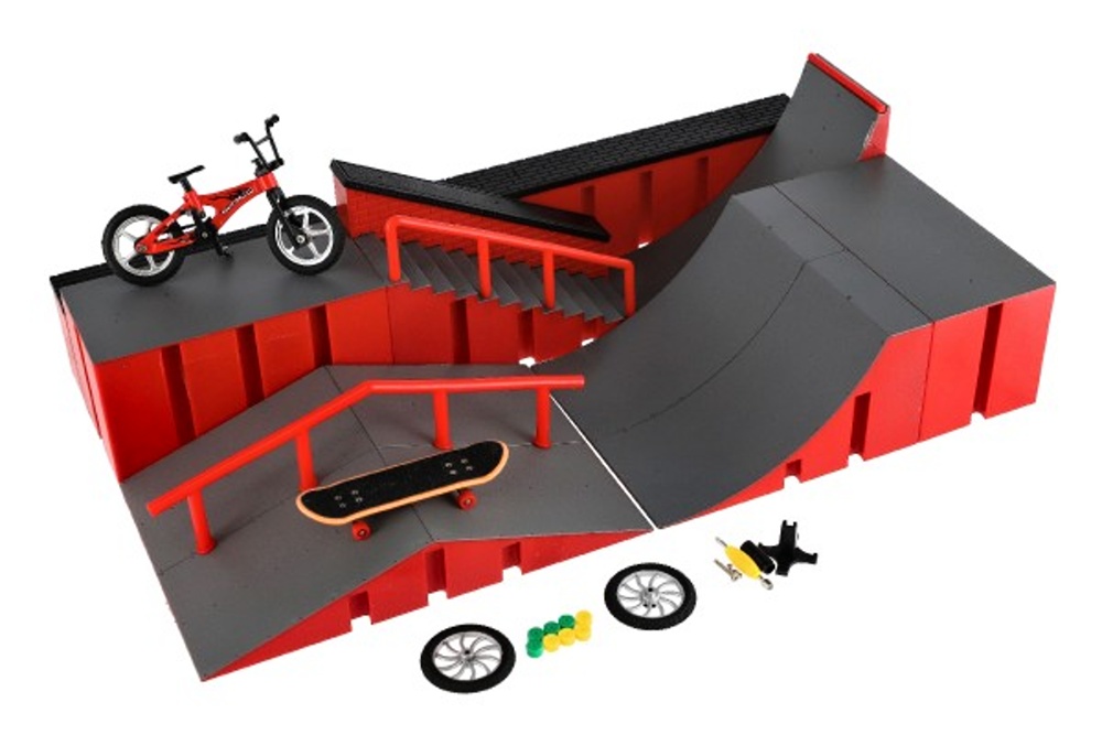 Skatepark, Prstové kolo, skateboard s rampou a doplňky 43x25x12 cm