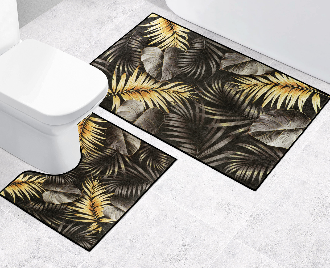 Bellatex Koupelnová předložka 3D tisk sada, List černý, zlatý - 60x100, 60x50cm