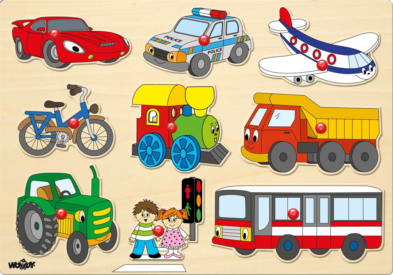 Woody Puzzle na desce - Dopravní prostředky