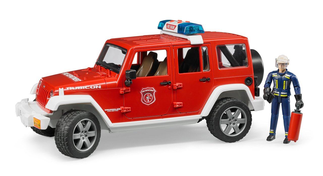 Bruder 2528 Červený požární vůz Jeep Wrangler s figurkou hasiče