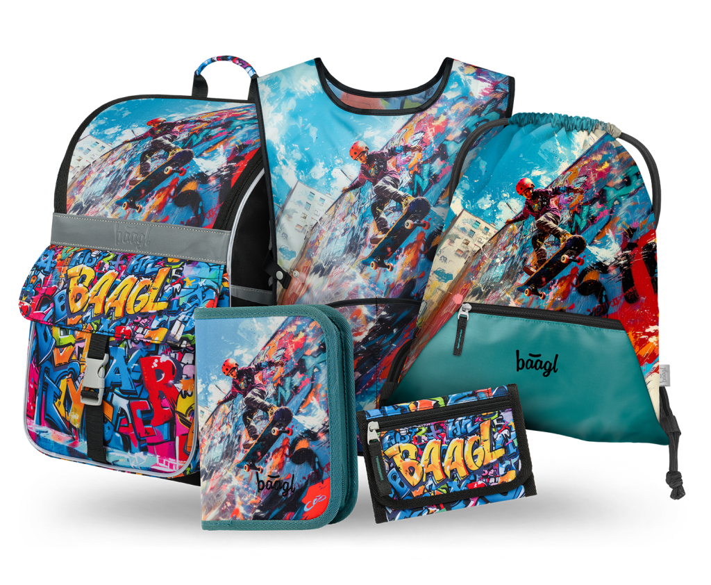 BAAGL SET 5 Zippy Skatepark: aktovka, penál, sáček, zástěra, peněženka