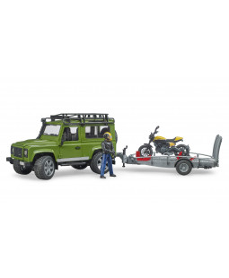 Bruder 2589 Land Rover Defender, přepravník, figurka, motocykl