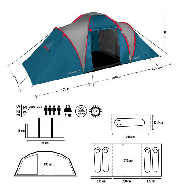 Rodinný stan NILS Camp NC6431 Highland IV, 4 osoby, modro-šedý