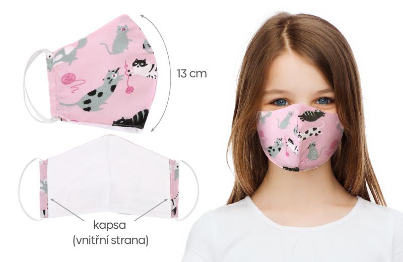 Bellatex Bavlněná ústní rouška, Růžová kočka 13cm