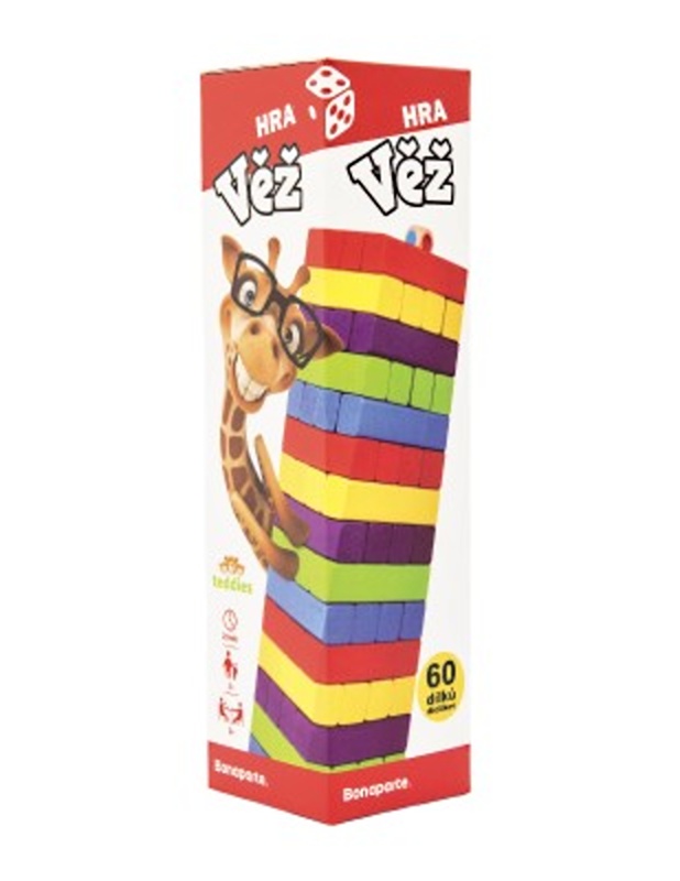 Dřevěná barevná jenga věž 60 dílů, 7,5x27,5x7,5 cm