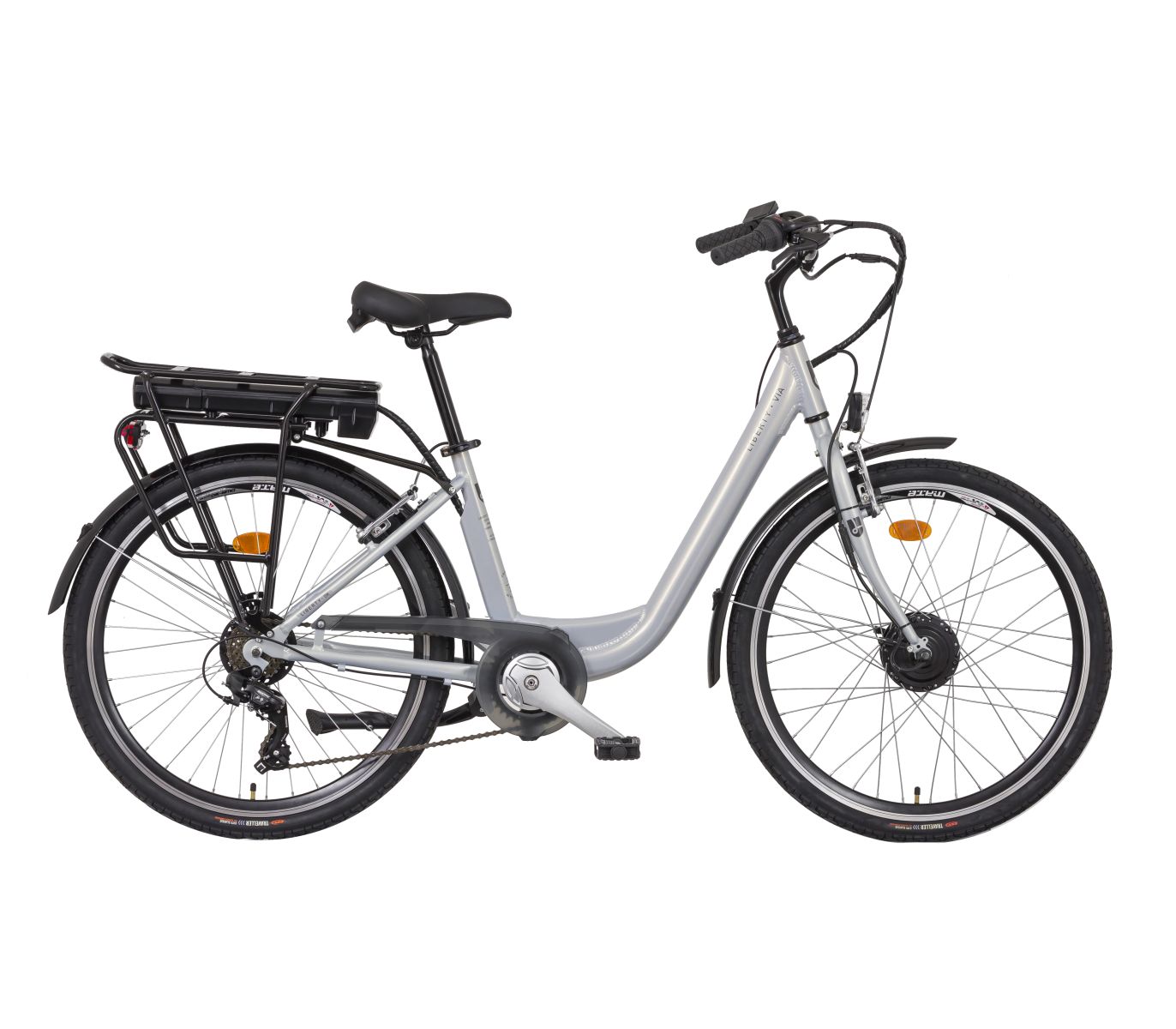 Elektrokolo Liberty e-VIA 6 spd 26" přední motor, 2026 stříbrné