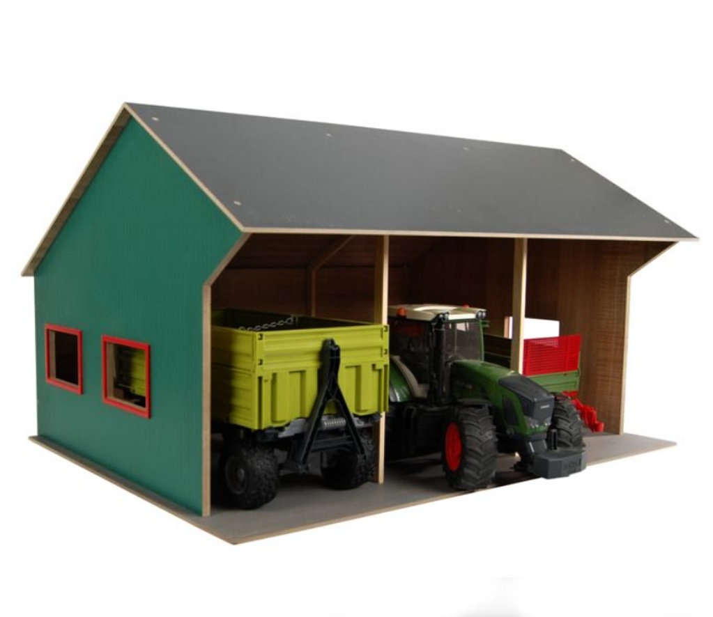 Kids Globe Farming Garáž dřevěná 1:16 pro 3 traktory, 55,5x75x43,5cm