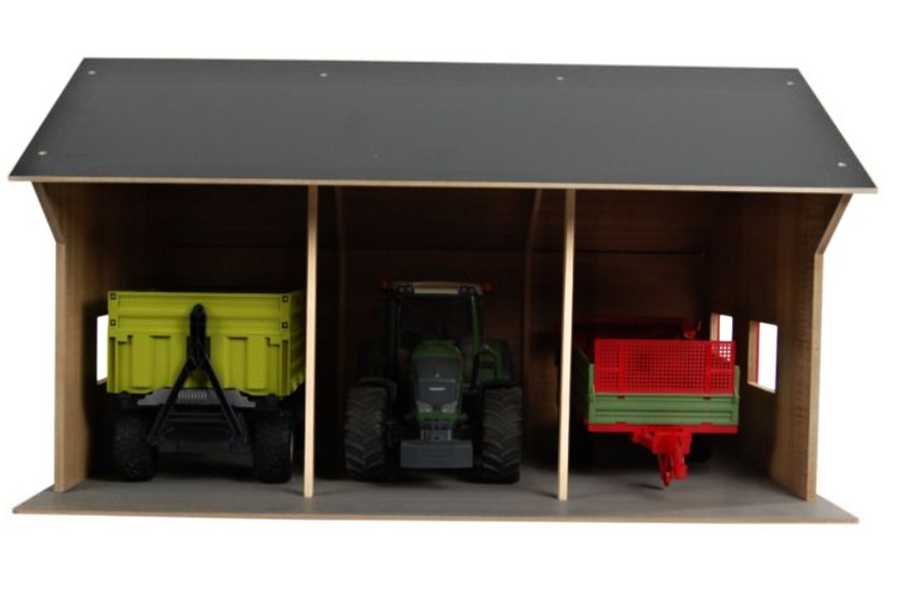 Kids Globe Farming Garáž dřevěná 1:16 pro 3 traktory, 55,5x75x43,5cm