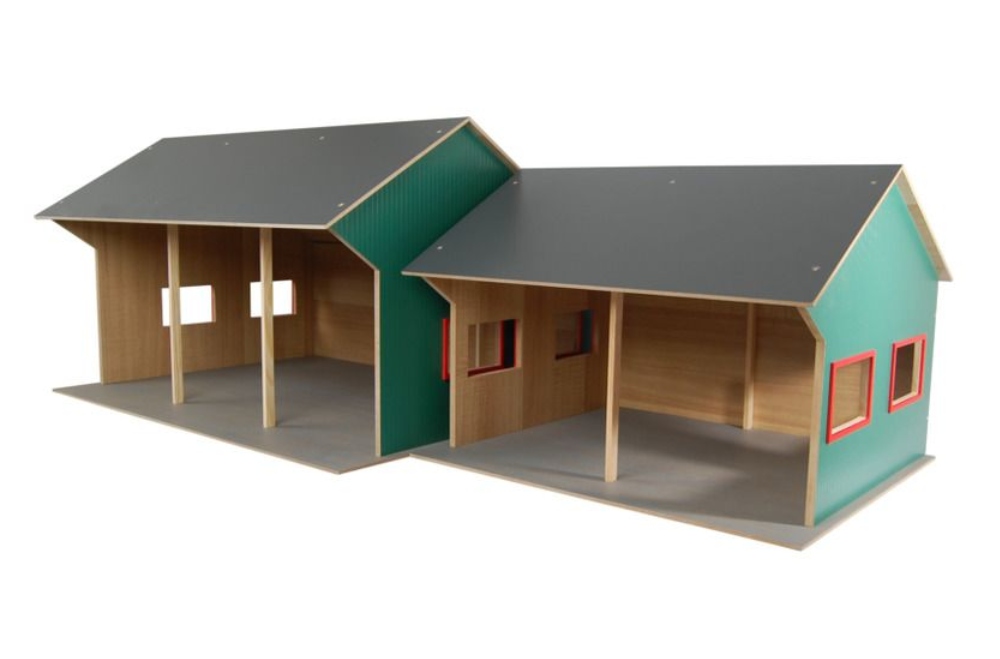 Kids Globe Farming Garáž dřevěná 1:16 pro 3 traktory, 55,5x75x43,5cm